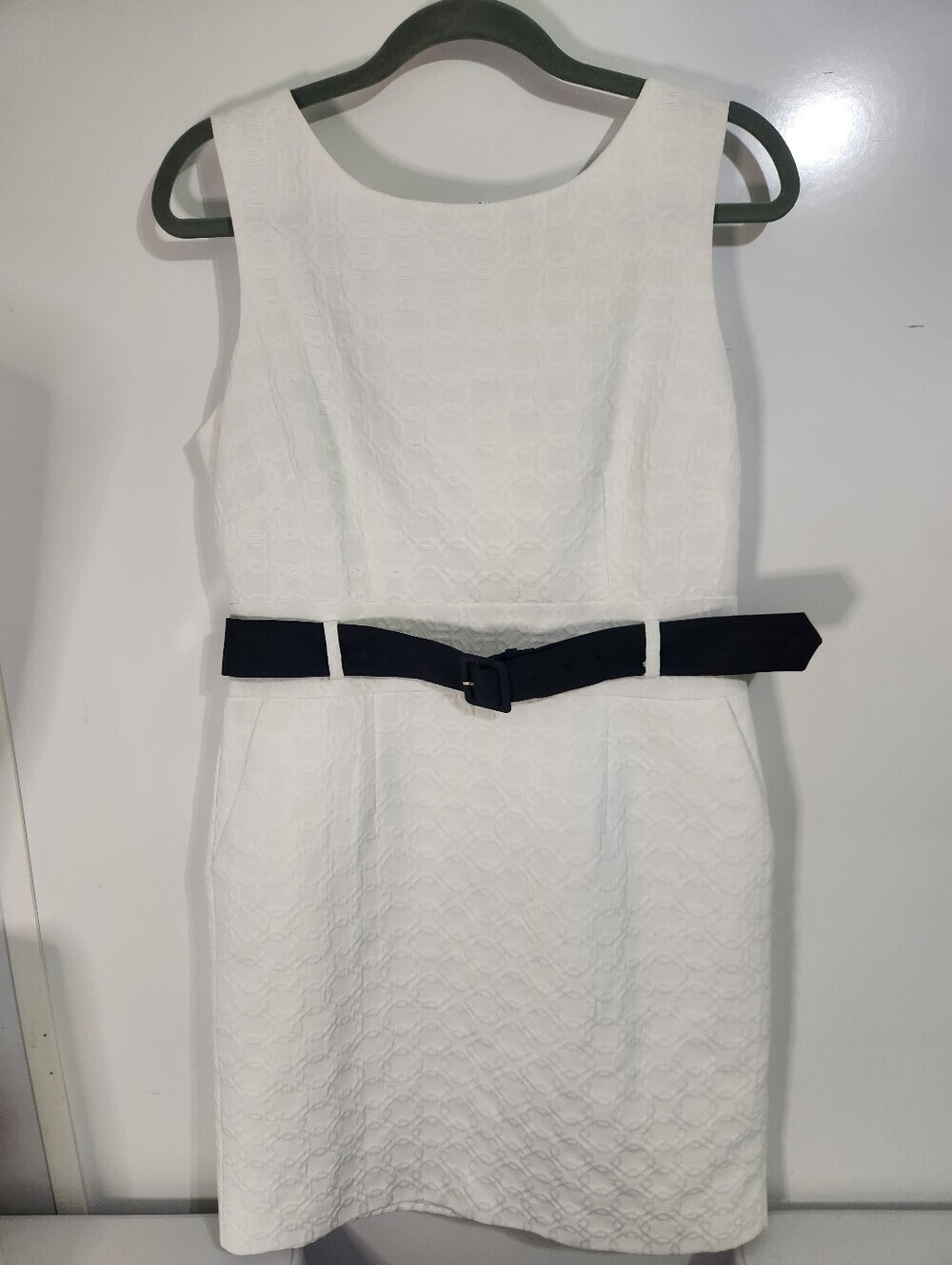 Classic White Sleeveless Dress with Black Belt, Size 12